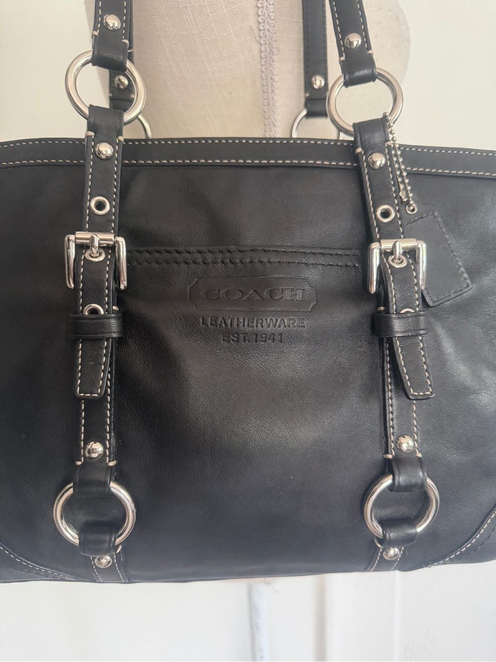 Coach Black Leather Tote Satchel - Picture 6 of 7